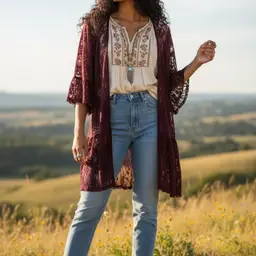 Boho Lace Kimono Cardigan Floral Sheer Duster Open Front Burgundy Sz S/M Y2K