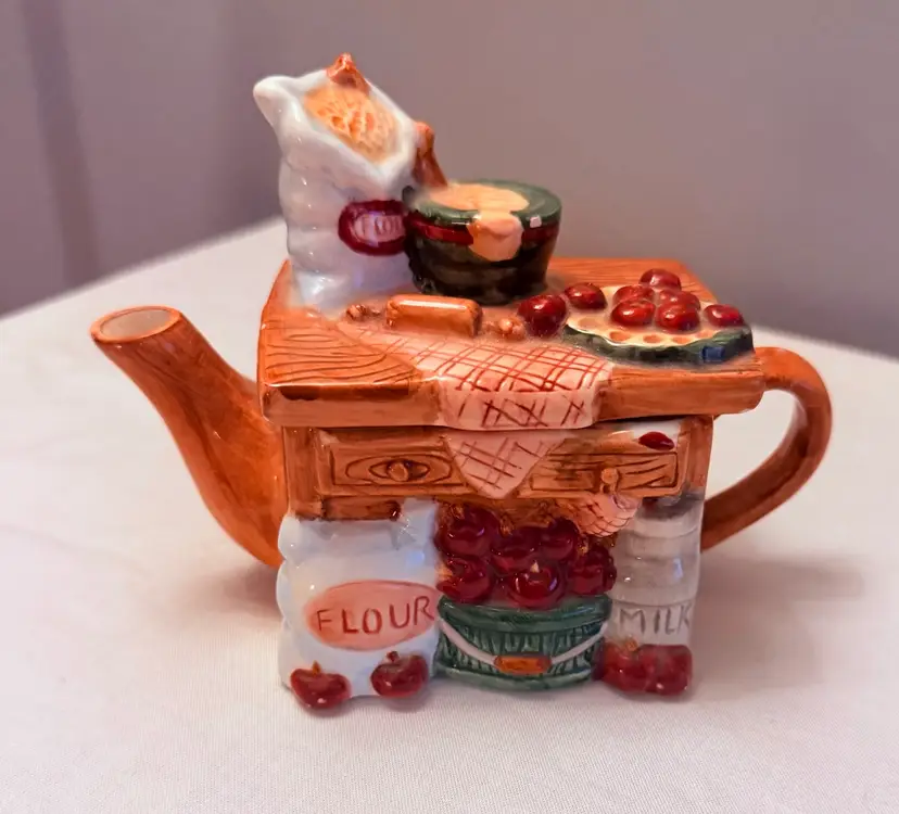 Vintage Baker’s Table Teapot – Rolling Pin, Cherries & Flour Kitchen Scene