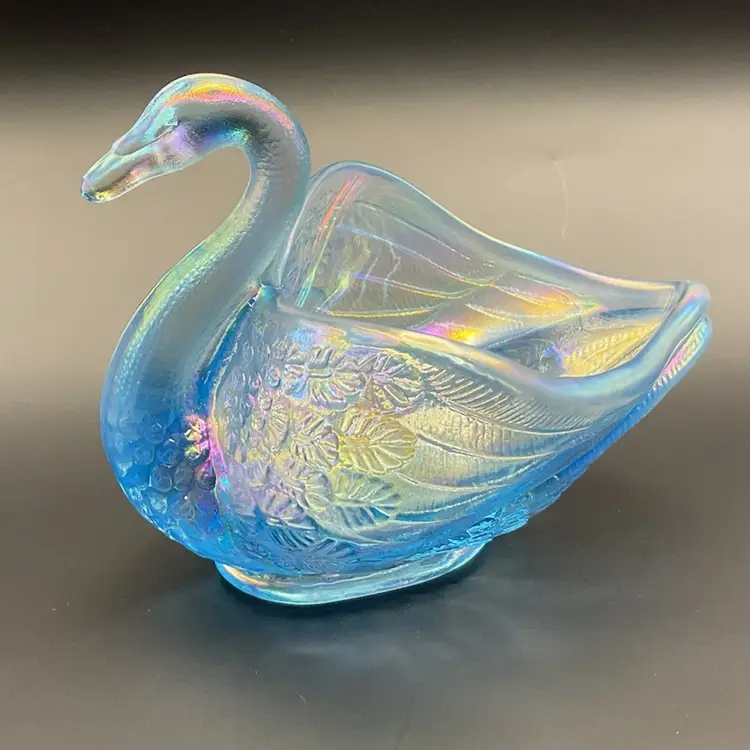 Fenton Blue Iridescent Rainbow Swan Bird Candy Nut Trinket Dish 1990’s 4In Tall