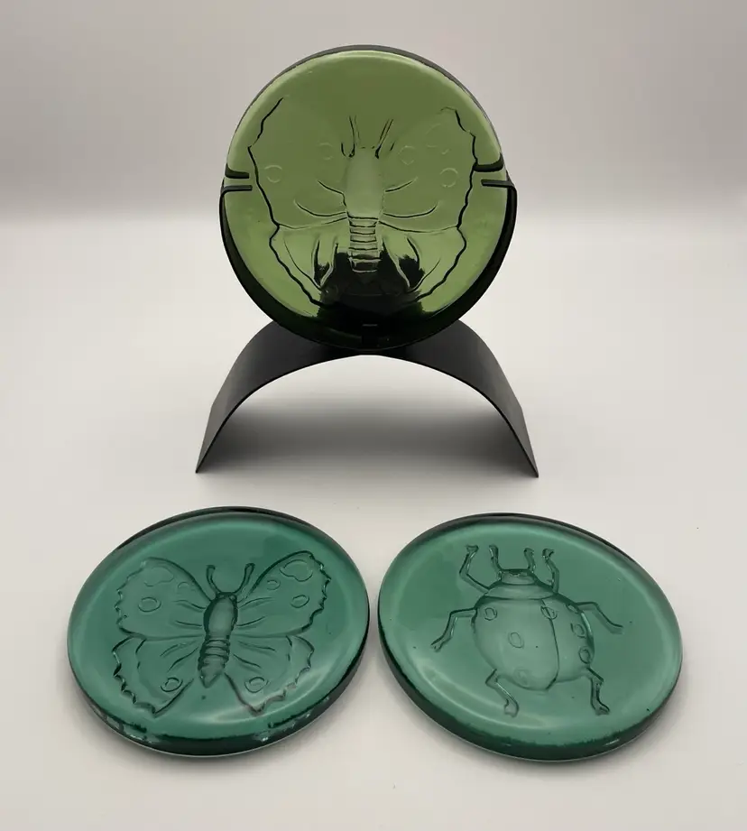 Butterfly, Beetle, Embossed Green Glass, Interchangeable Tea light Stand