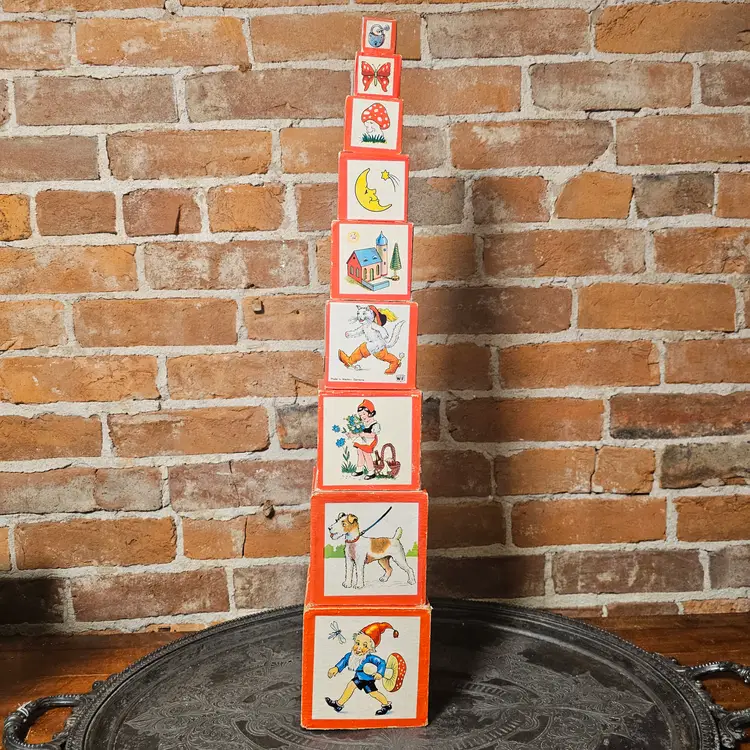 Complete 9-Piece Set Vintage KURZ WF Stacking Blocks - Made in Western Germany