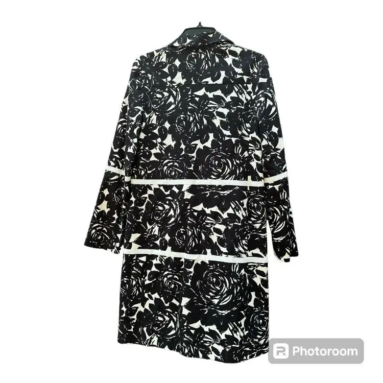 Womens Helen Wang Long Sleeve Black White Floral Button Up Trench Coat Size 6