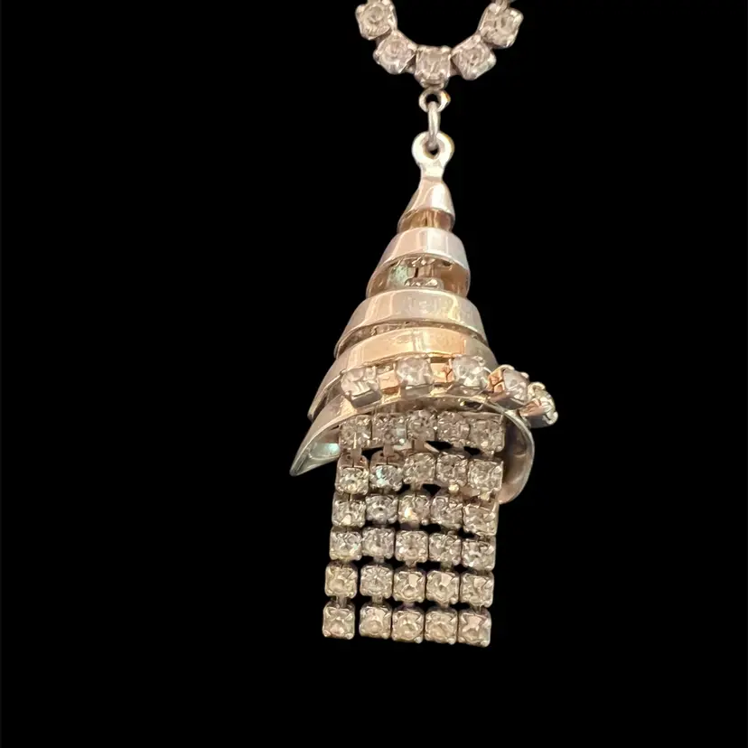 Vintage 1950's Tassel Rhinestone Waterfall Spiral Horn Silvertone  Necklace