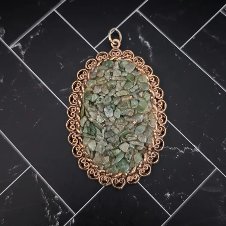 Vintage Pendant Very Large Statement Green & Antique Gold Tone Oval