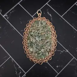 Vintage Pendant Very Large Statement Green & Antique Gold Tone Oval