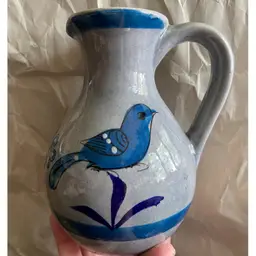 Tonala, Blue, Hand-made & Hand-painted 6.25”h Pitcher / Vase. Bird & Floral Motifs. Artist Signed AM. Made In Tonala, Mexico.