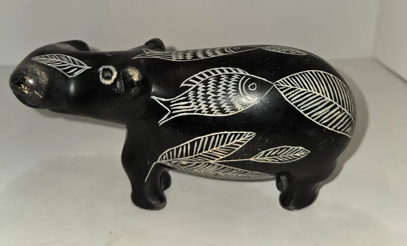 Hand Carved soapstone Hippopotamus with Fish Design
