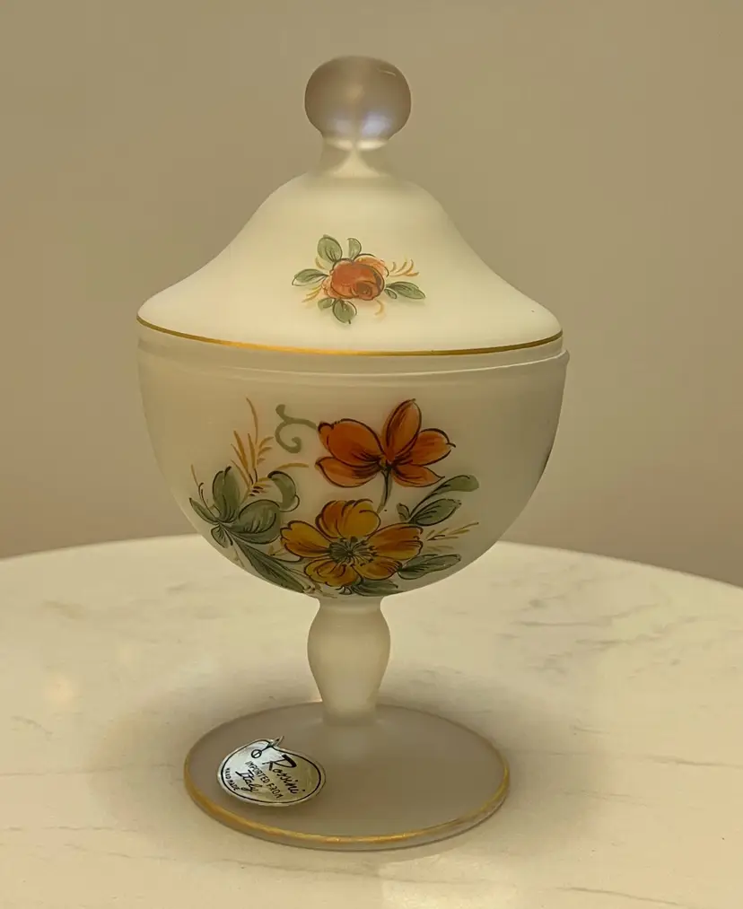 Vtg Italian Frosted Satin Glass Candy Dish Rossini Hand Painted Pedestal Lidded