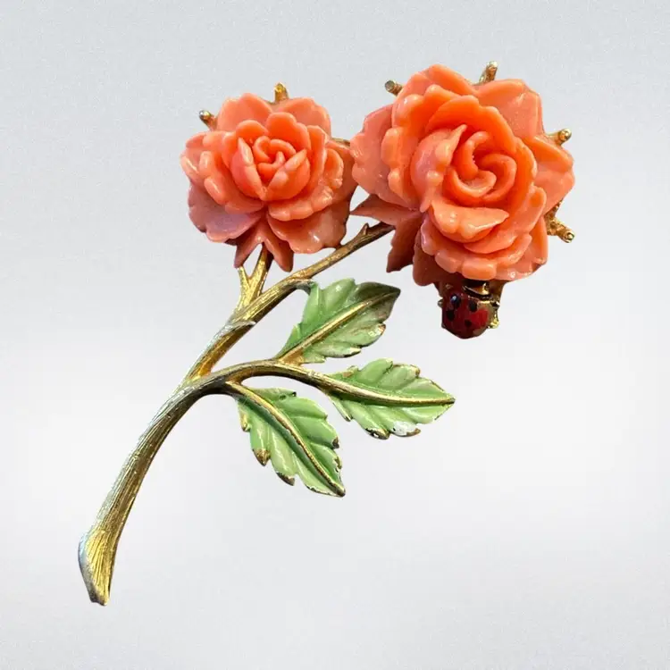 JJ Roses w Lady Bug Brooch 2 1/2” X 1 1/2”