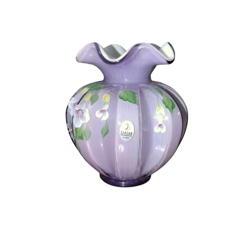 FENTON Purple Vase "Sweetbriar" Vintage Hand Painted Flowers Signed Ruffle Design and Bright White Interior Vase