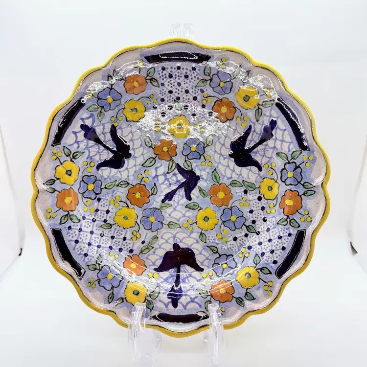 Vintage Ysauro Uriarte Mexican Talavera Plate 9” Blue Green Yellow Flowers Birds