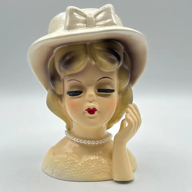 Rubens Headache Lady Head Vase Necklace Irridescent Hat