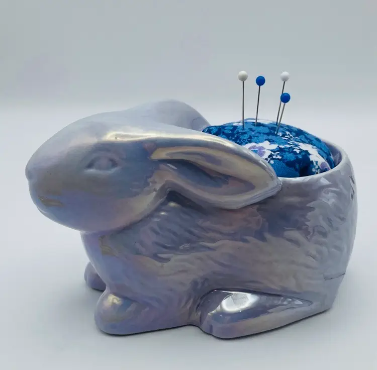 Handmade Pin Cushion, Pins, Ceramic, Iridescent Lavender, Rabbit/Bunny
