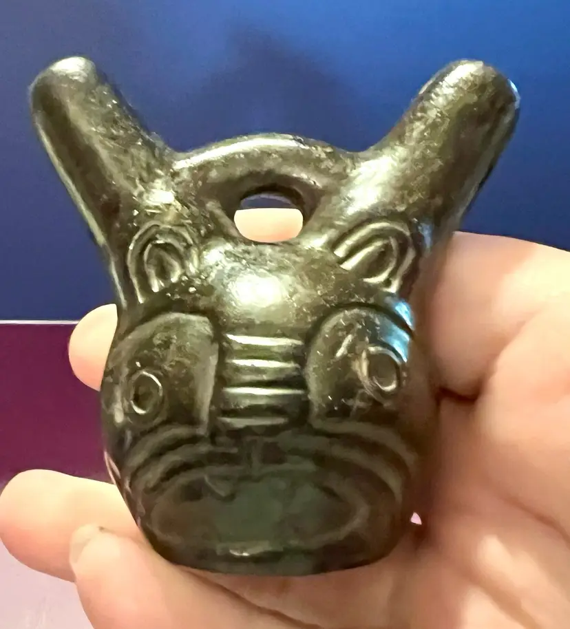Clay African Mexican Cat Face Vase Incense Burner Whistle