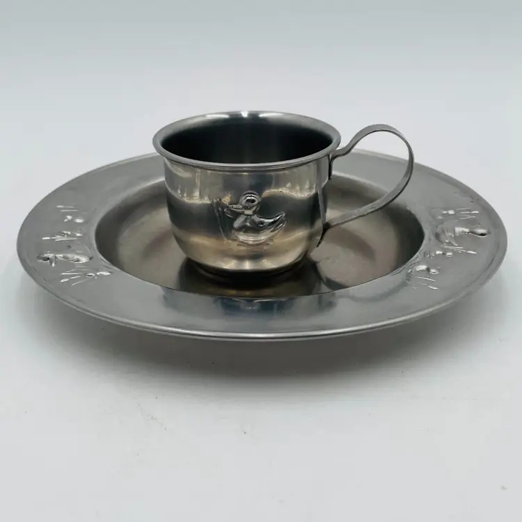 Silver Plated Metal Child's Plate & Cup Decorated with Embossed Ducks