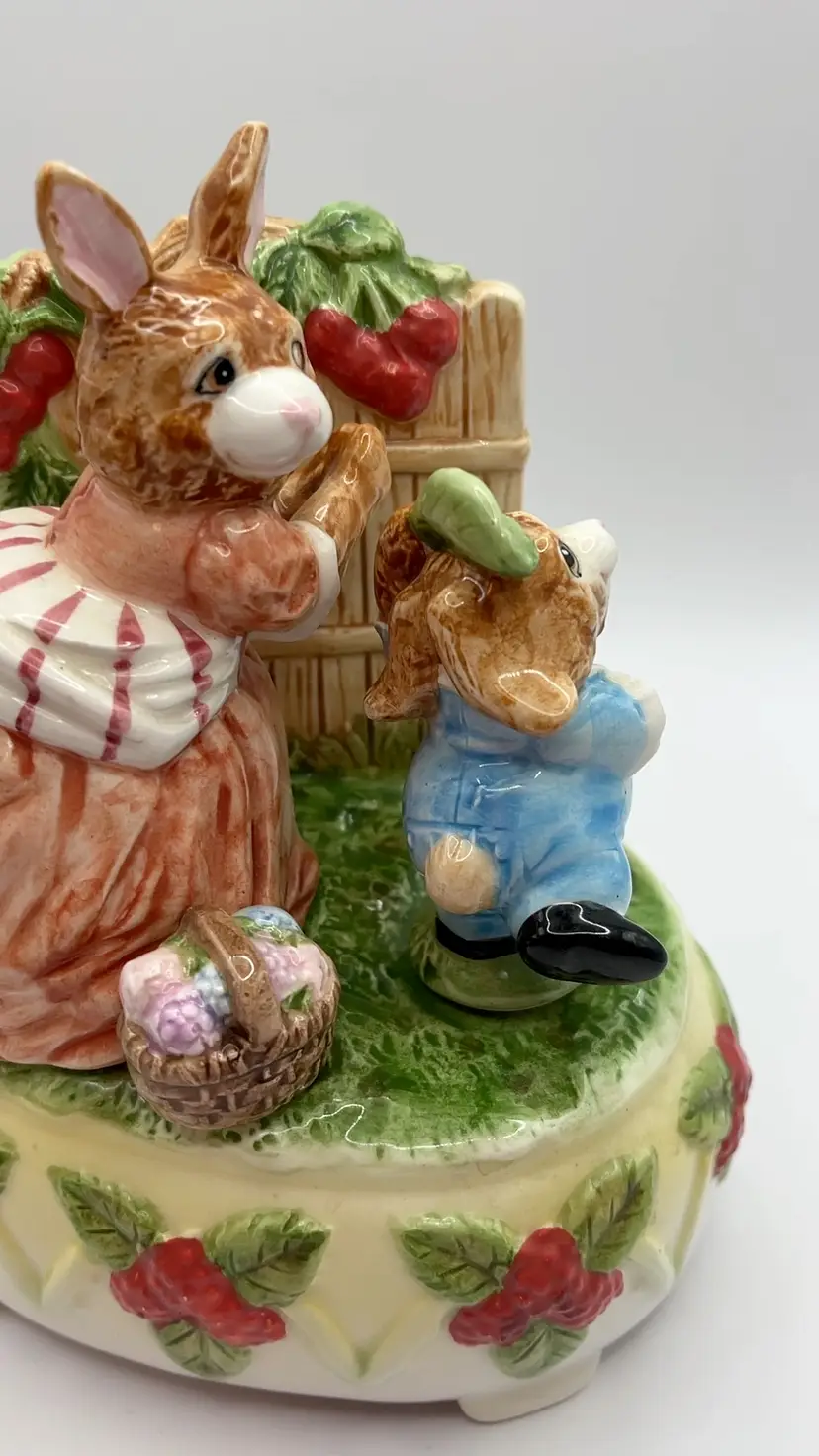 1999 Lefton Mother Rabbit & Dancing Boy Music Box 6" tall - Vintage