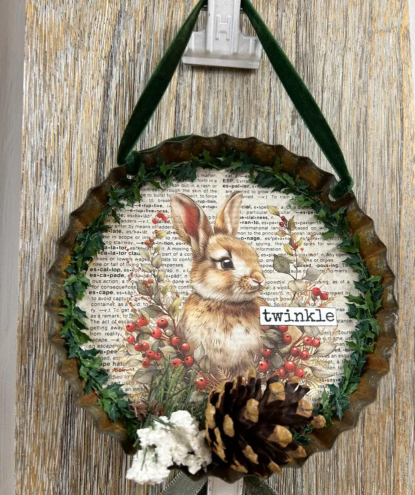 Handmade Rabbit Mixed Media Collage Assemblage Ornament Rustic Primitive Woodland Animal Ooak
