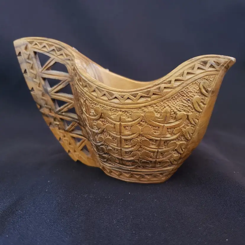 Ceremonial Wedding Cup / Vessel - Carved Wood Folk Art - Stamped - 5 3/4" long