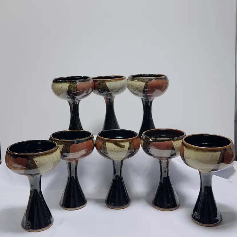 #1314 Vintage Art Pottery Wine Chalis Goblet Cups Earthtones 6.5" tall Raku Style Set of 4