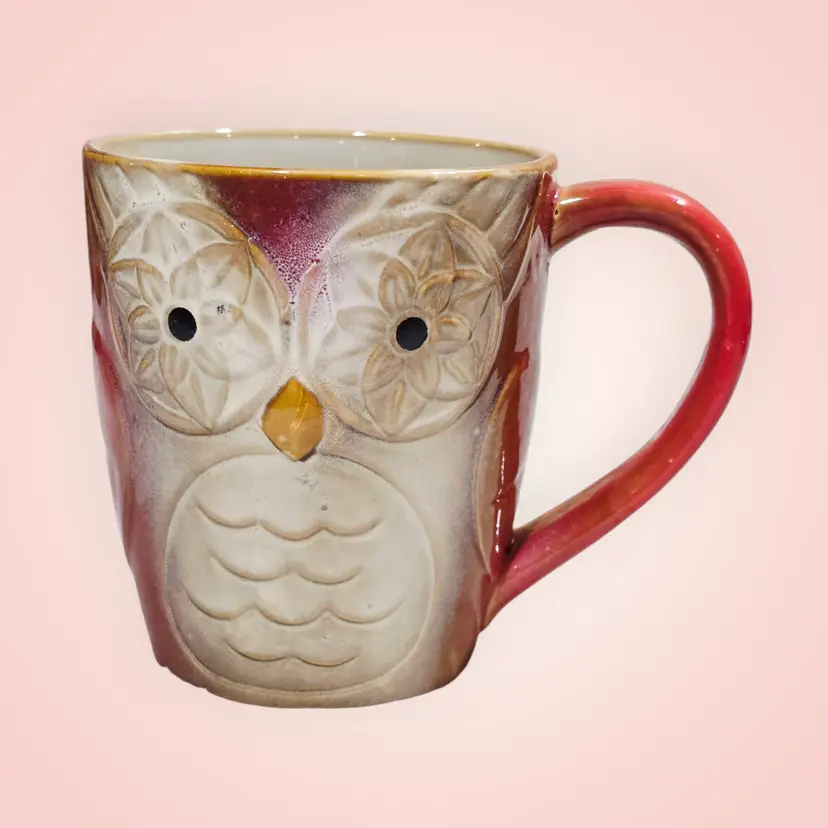 Gibson Home Autumn Owl Coffee Tea Mug Red White Approximately 4.5"H x 4"W