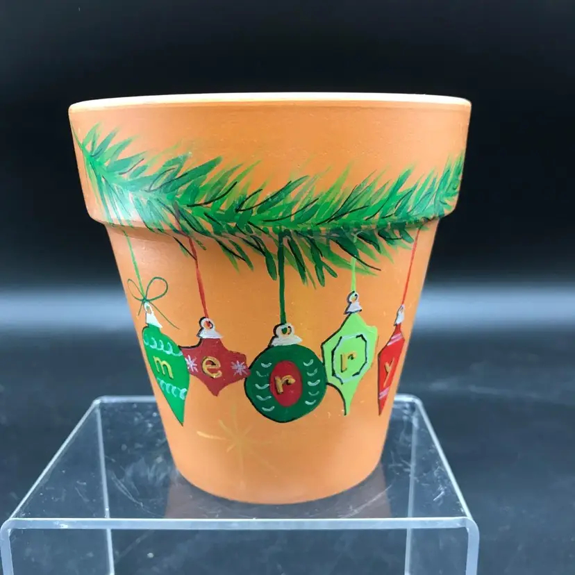 Hand Painted Ornaments and Pine Clay Pot with Votive Candle One of a Kind
