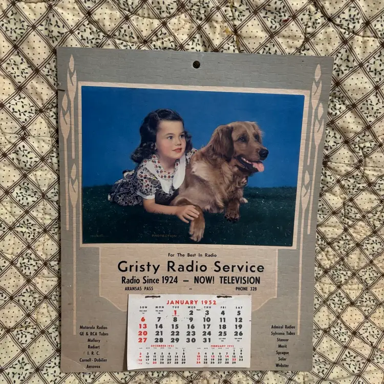 #7- 1952 Gristy Radio Service Advertising Calendar Girl Dog