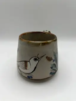 Vintage Ken Edwards Tonala Mexican Pottery Mug Coffee Cup Blue Brown Green White Bird Butterfly Signed
