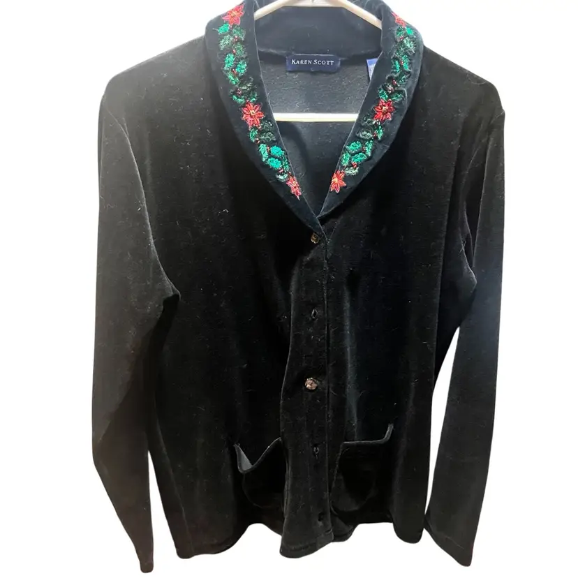 Black Velvet Jacket With Embroidered Holly Trim. Christmas. Size XL