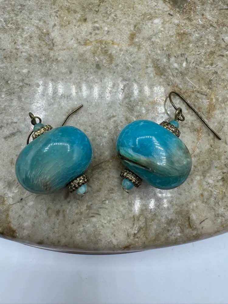 Blue Acrylic Stone Looking Fish Hook Pierced Earrings W/ Brass Tone Findings