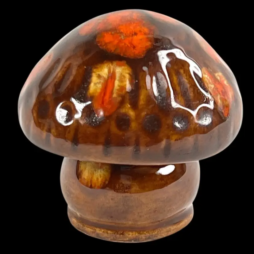 Mushroom Vintage Signed “EA” 1978 Handmade Ceramic Sculpture. Retro Brown & Orange Colors. Petite 2-1/2” Tall. Nature Decor Done Beautifully