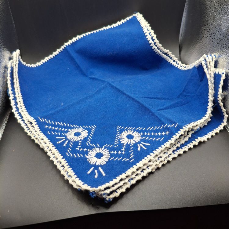 Sindhi Embroidery Blue Handcrafted Crocheted edge Cotton Table Napkin Set of Six