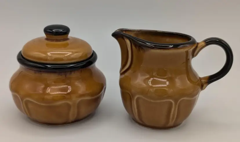 Polish Pruszkow Pottery Earthenware MCM 1950's Creamer & Covered Sugar Set