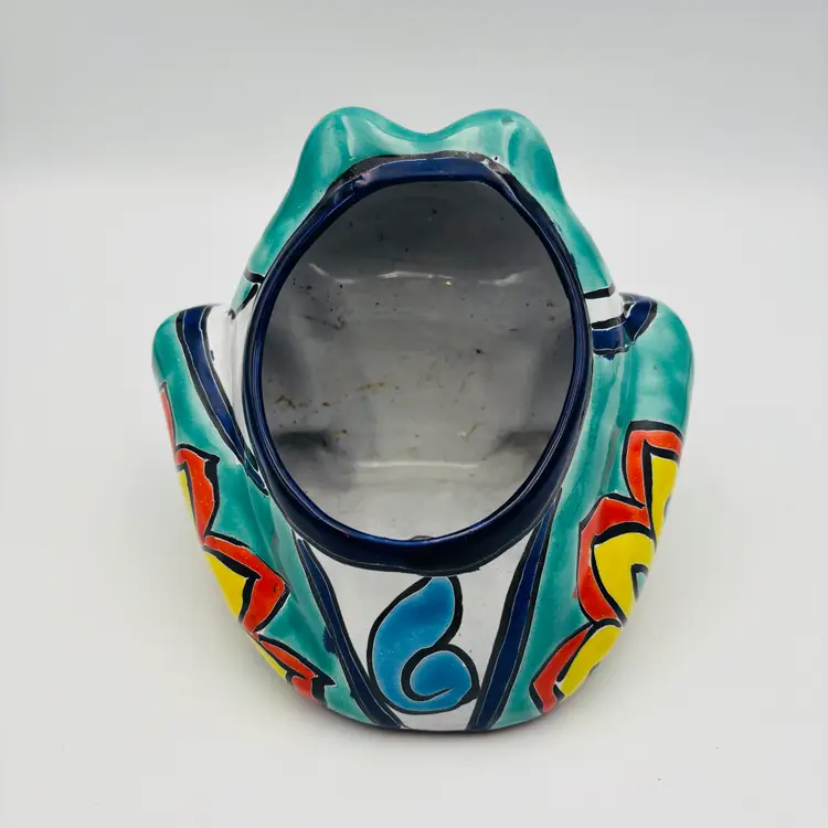 Handpainted Mexican Redware Pottery Talavera Frog Planter Folk Art Pottery