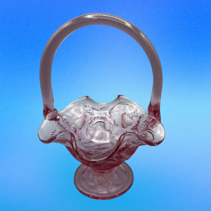 Fenton Glass Strawberry Footed Basket Pink Ruffled 6.5" Tall W/Handle