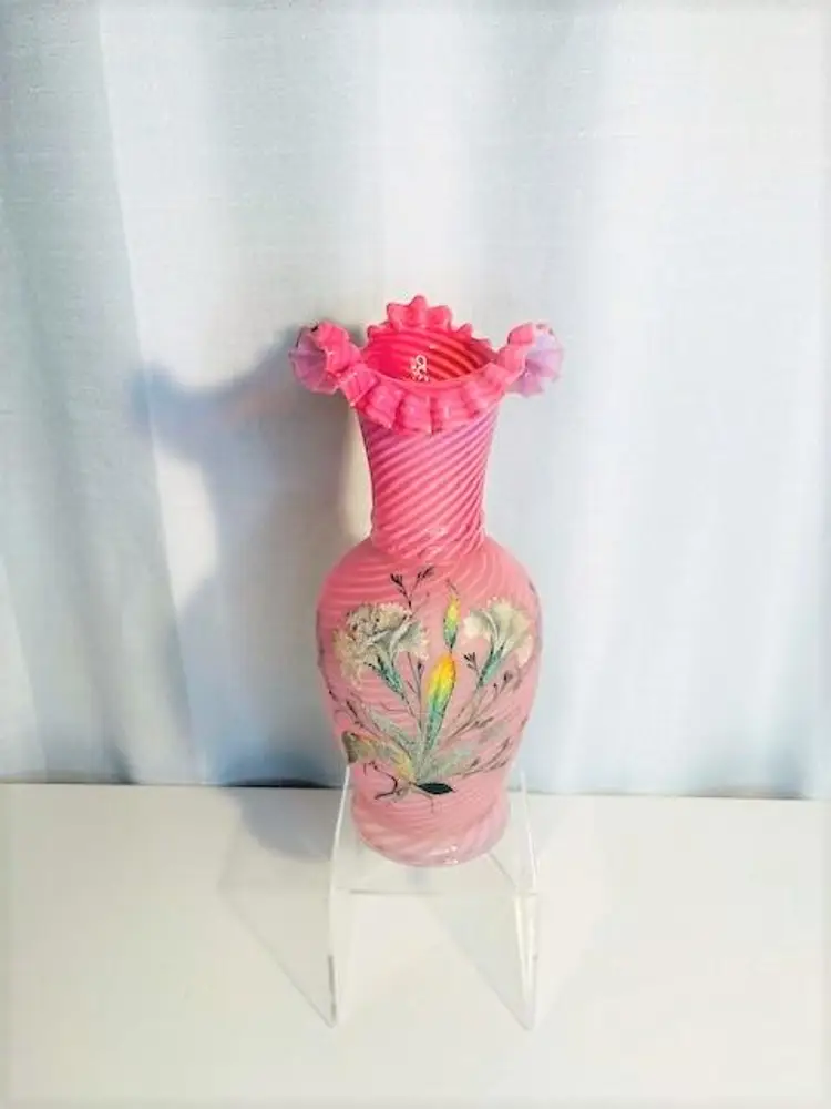 Antique Victorian 7 1/2" tall x 5 1/2" wide Pink Glass Vase Hand Painted Hand Blown Glass Vase White Swirl Glass | Antique Hand Painted Florals Vase Ruffled Rim