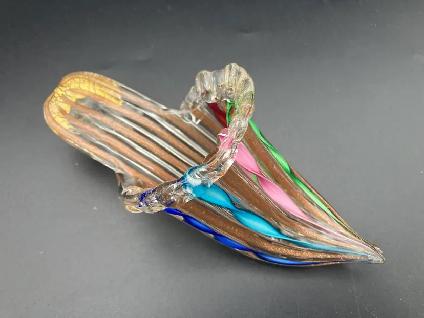 BIN - Vintage Murano Vetreria Artigianale D’Este Glass Slipper Multicolor Twist Stripes & Copper Aventurine Signed, Numbered