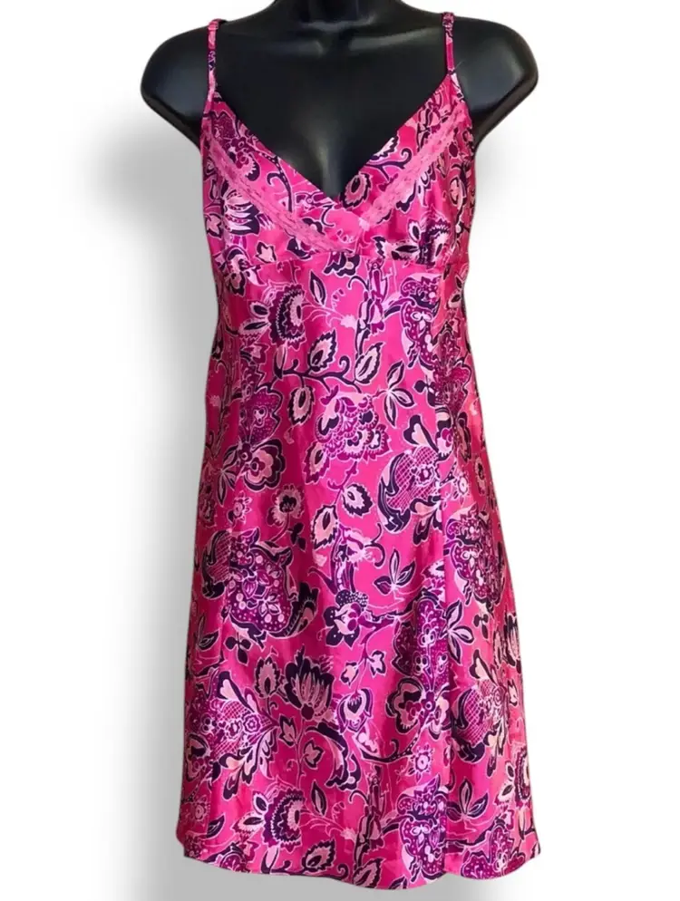 Women’s Vintage Morgan Taylor Intimates Pink Purple Satin Paisley Rare Romantic Slip Mini Dress US Size XL