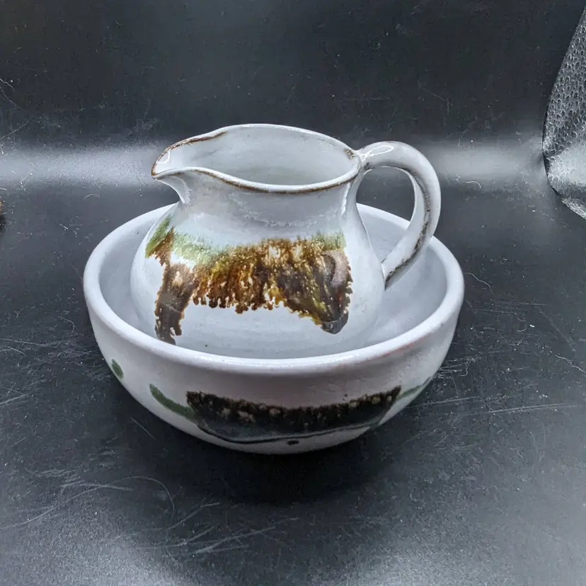 Vintage Rinlarma Pottery Creamer and Sugar Bowl Ballycasey Shannon Ireland Signed Bottom