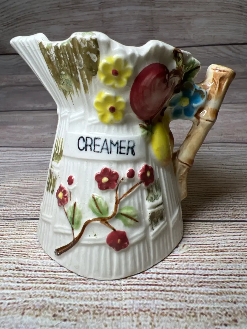 Vtg Ceramic Creamer Fruit & Flower Motiff Bamboo Handle Japan Cottage 3.5x4”