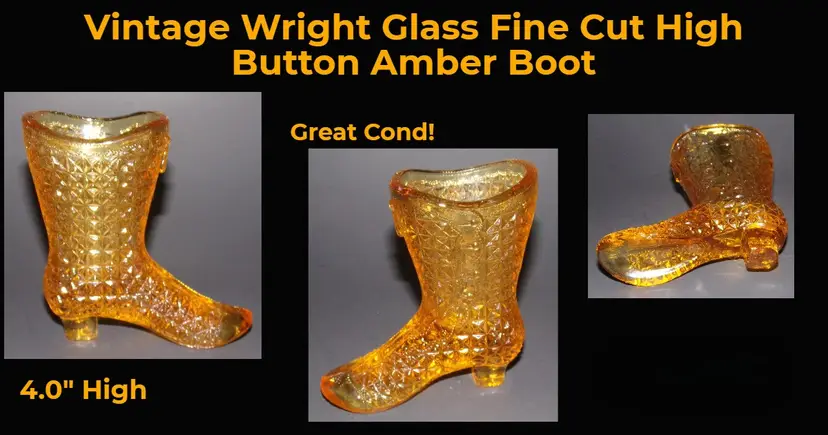 Vintage LG Wright Amber Glass Fine Cut High Button Novelty Boot