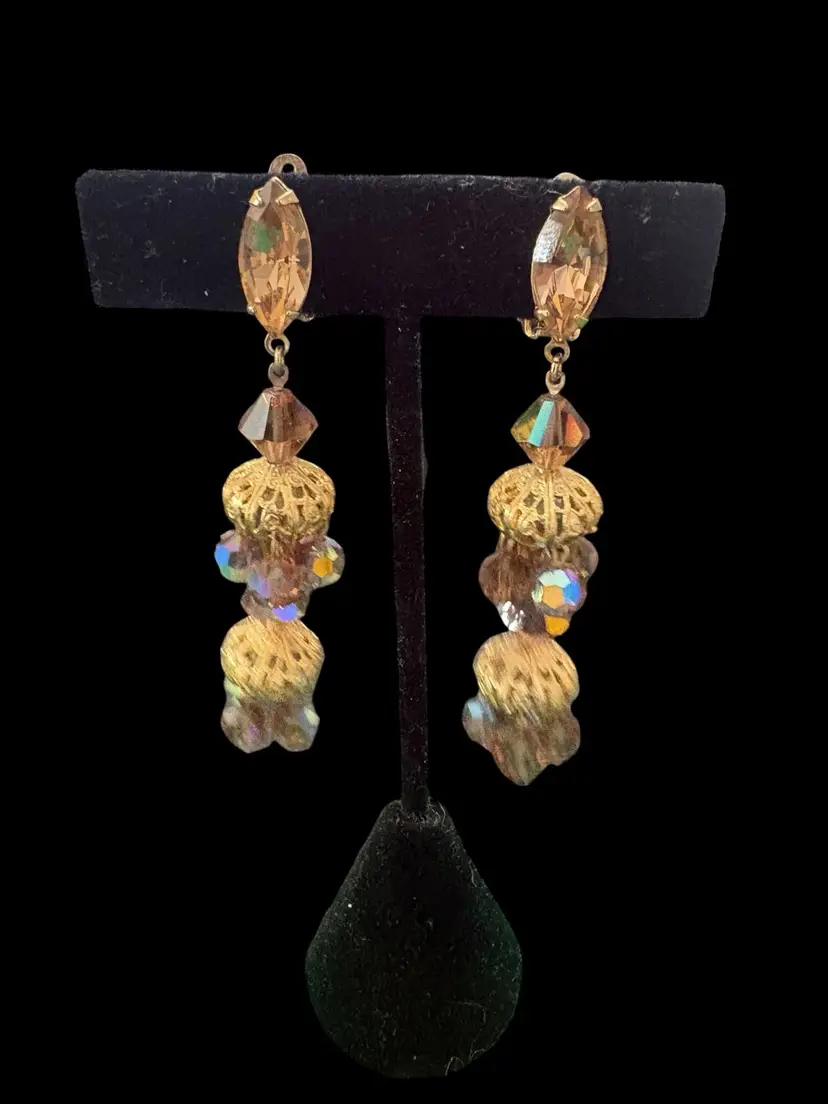 #01 79. Signed Louis Segal California, Aurora Borealis Glass Beads And Gold Tone Filigree Clip-on Earrings