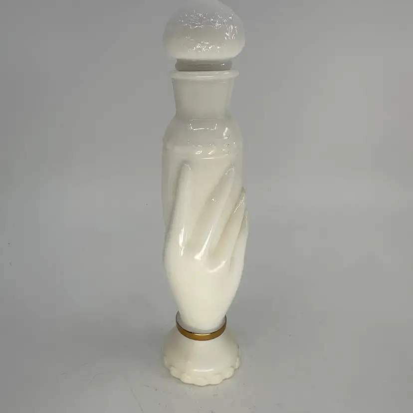 Avon Charisma Perfume Bottle White Milk Glass Hand Holding Bottle EMPTY