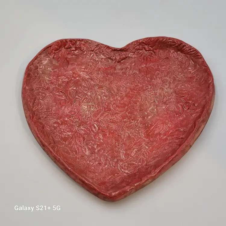 Handmade Ceramic Embossed Heart Shaped Snack Plate Trinket Dish CatchAll