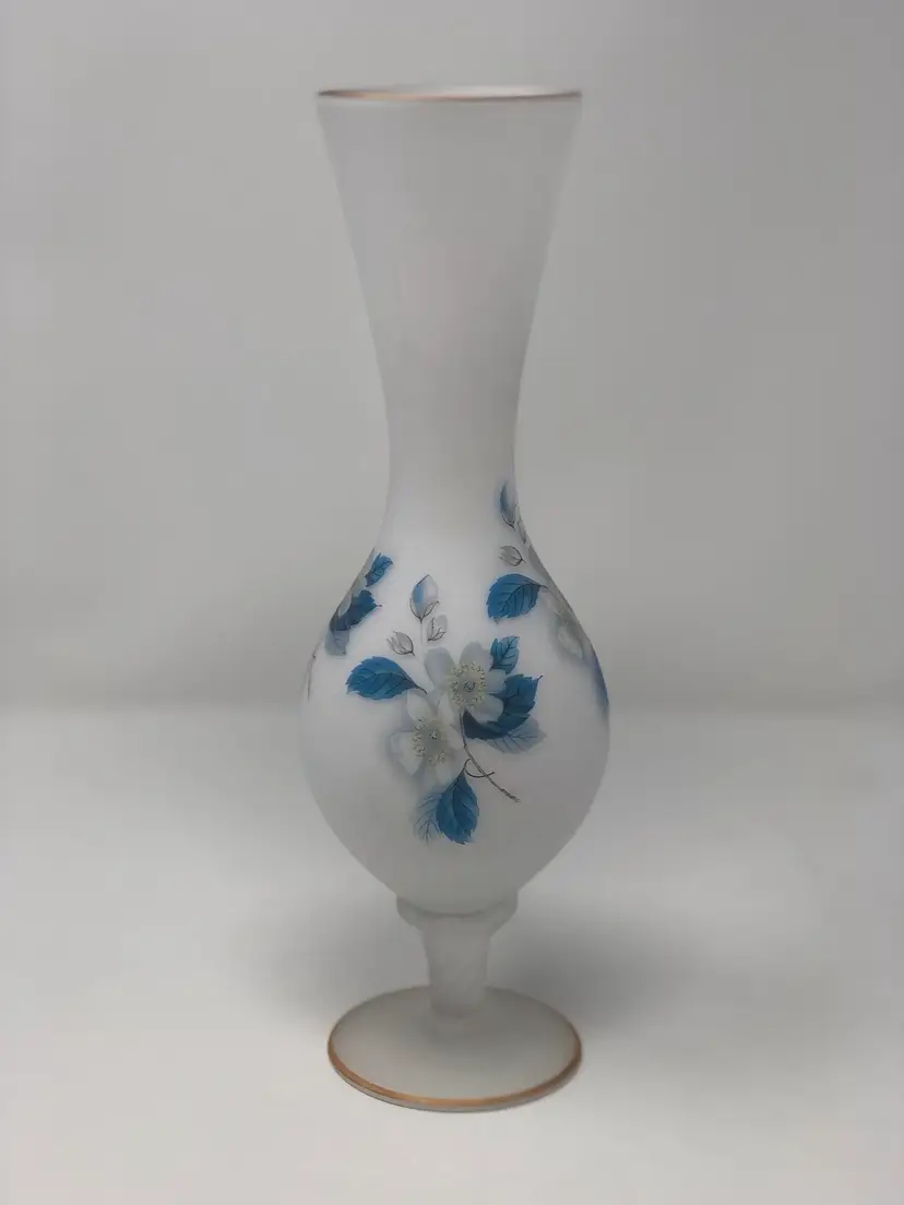 Satin Glass Footed Vase with Blue and White Florals