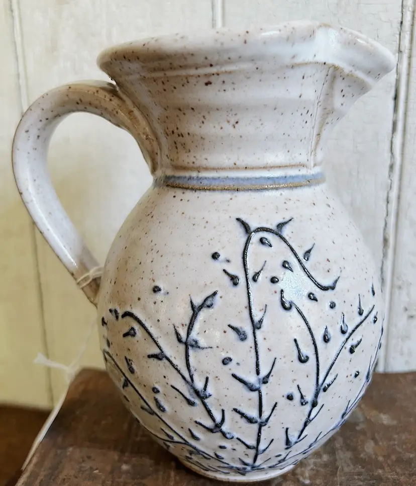 Handmade Studio Pottery Pitcher Signed Gray Blue Branches