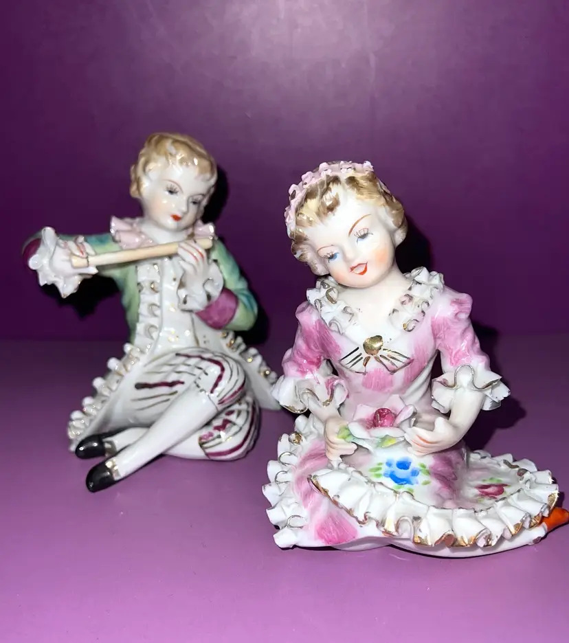 Vintage Wales Porcelain Colonial Style Boy With Flute Girl Singing 4” Cottage