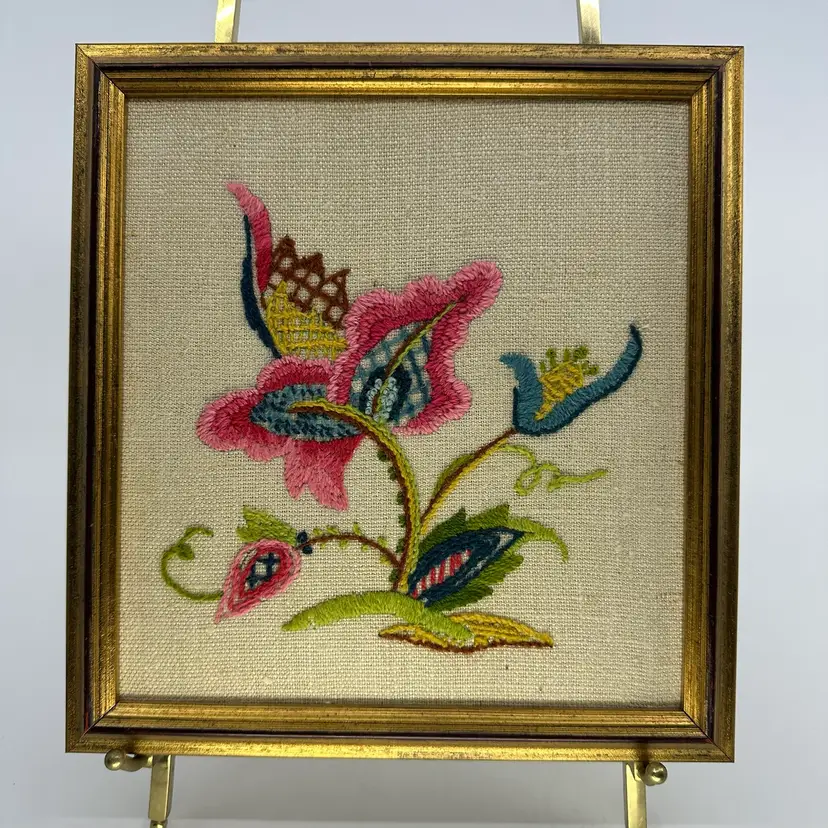 Crewel Floral Butterfly Framed Wall Hanging 8.5”
