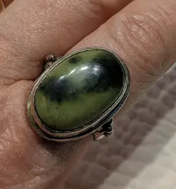 Vintage Large Signed Sterling Silver Ring with Green Spotted Stone, Size 9