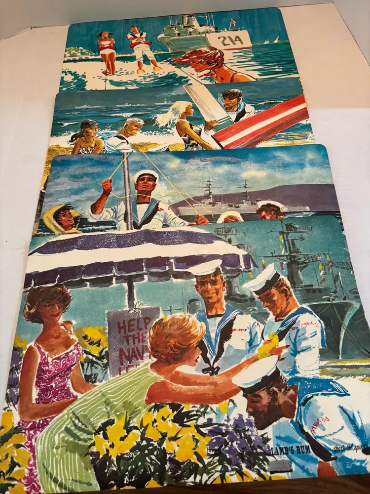 Vintage Lot of 4 Lamb's Rum Nautical Themed Vinyl Placemats W/Cork Backing 1960