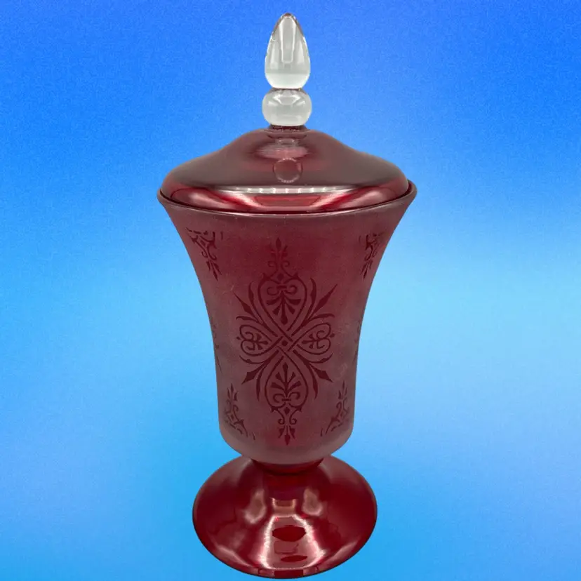 Vintage Ruby Red Frosted Candy Dish Compote With Lid Hand Blown 13.5” in Tall